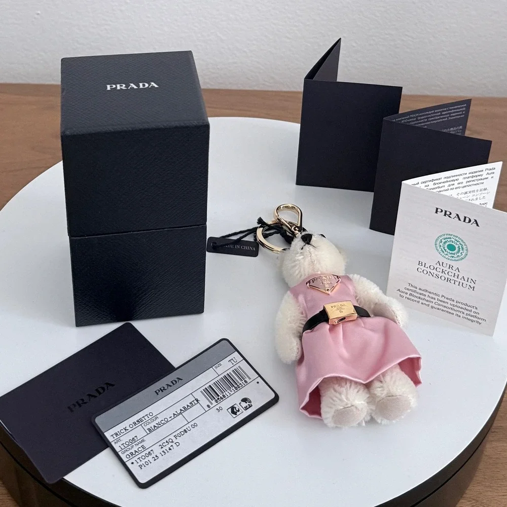 Prada Orsetto Grace Bear Keychain Pink Satin Dress Gold Hardware 1TO067